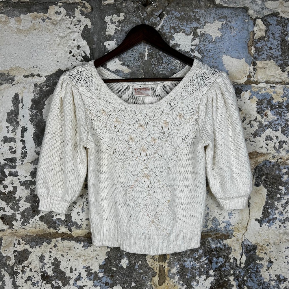 Vintage 80's Beldoch Popper Knit Sweater Cream Pearl Embroidered Womens M